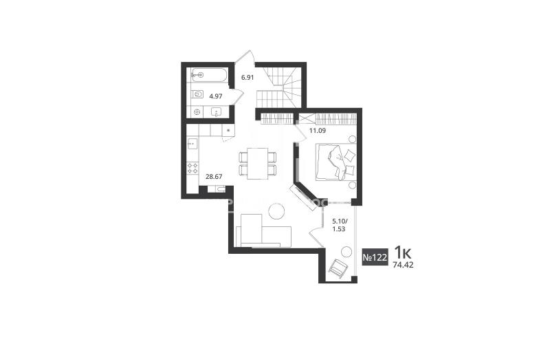 2-комн. квартира, 74.42 м², 7/7 этаж