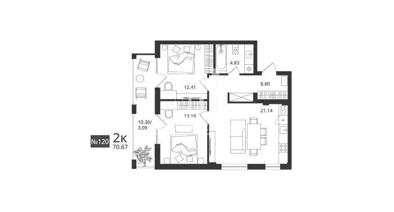 2-комн. квартира, 70.67 м², 6/7 этаж