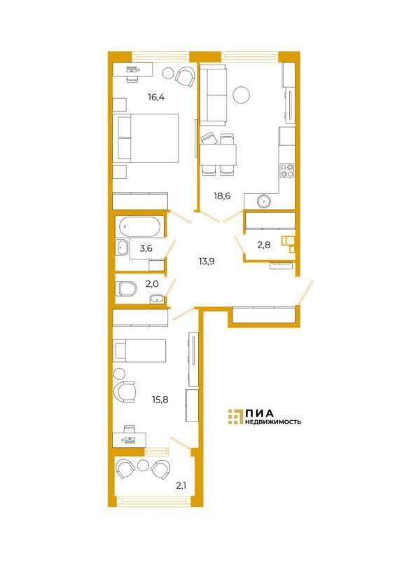 2-комнатная квартира, 73.1 м2