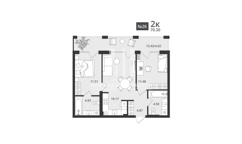 2-комн. квартира, 70.3 м², 6/7 этаж