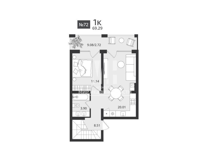 2-комн. квартира, 69.29 м², 7/7 этаж