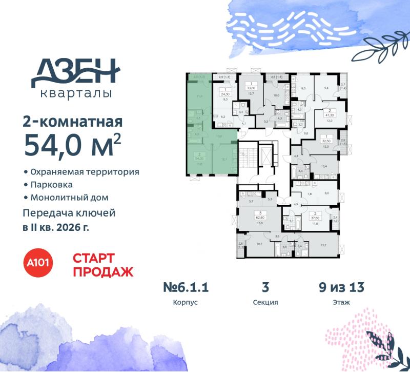 2-комнатная квартира, 54 м2