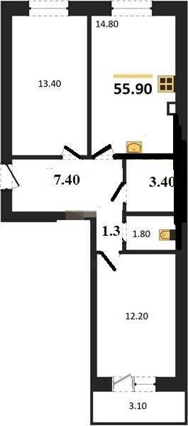 2-комнатная квартира, 55.9 м2