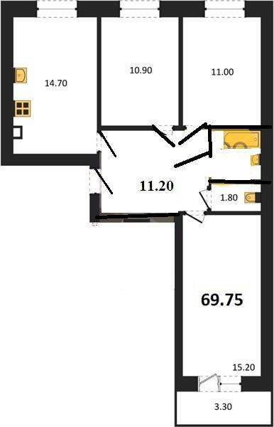 3-комнатная квартира, 69.75 м2