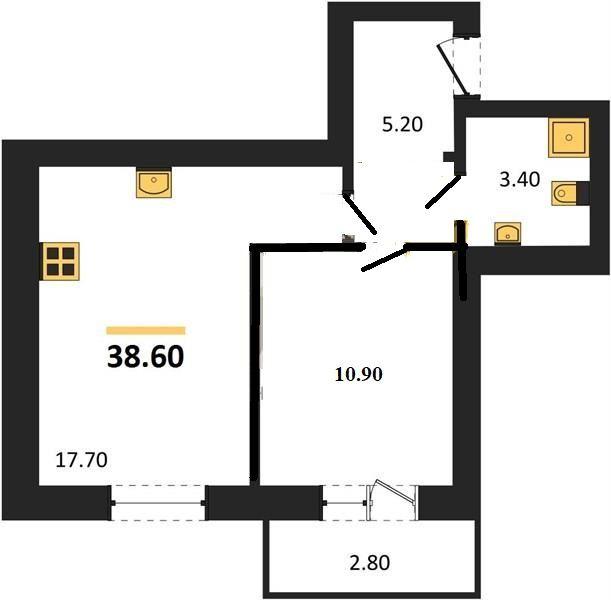 1-комнатная квартира, 38.1 м2