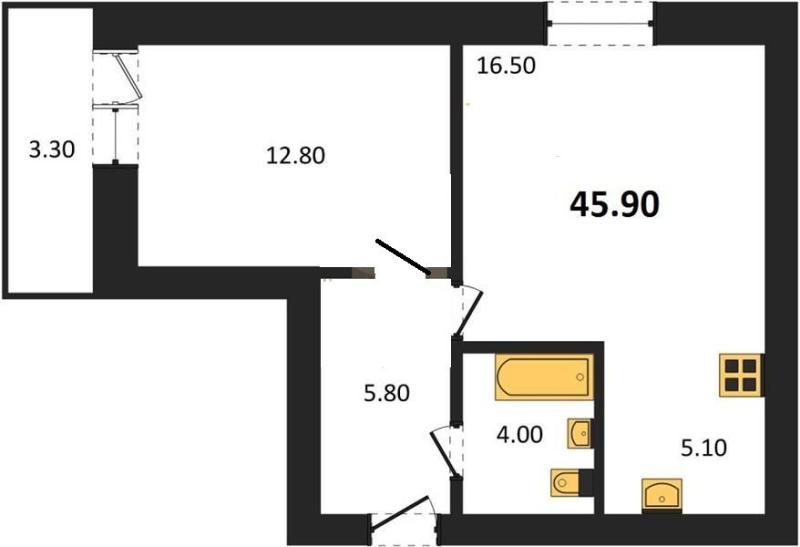 1-комнатная квартира, 45.9 м2