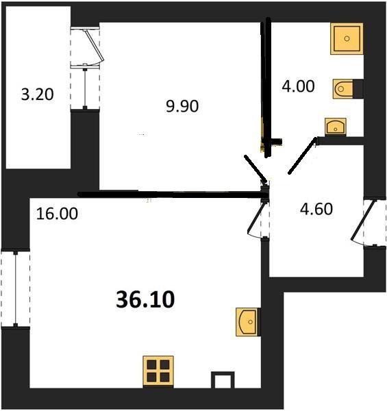 1-комнатная квартира, 36.1 м2