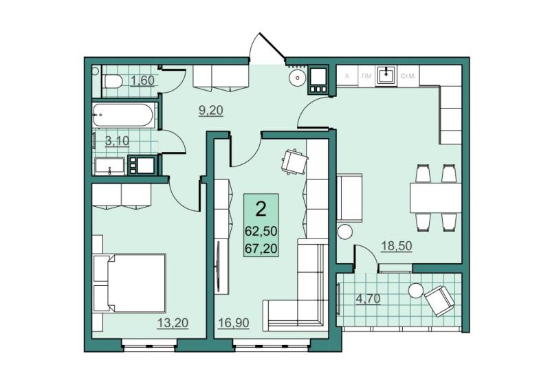 2-комн. квартира, 62 м², 2/24 этаж