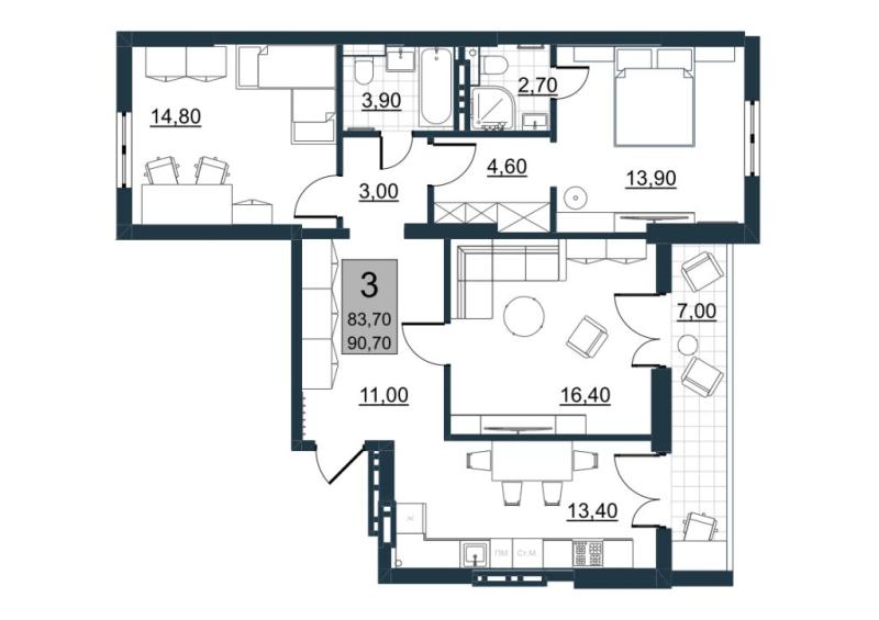 3-комнатная квартира, 83.7 м2