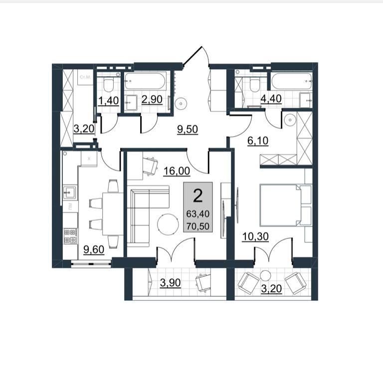 2-комнатная квартира, 63 м2