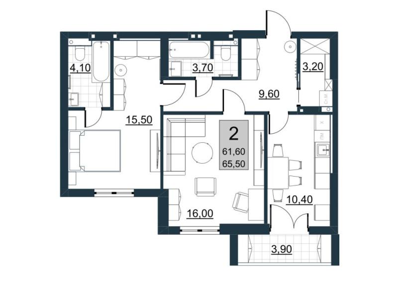 2-комнатная квартира, 61.6 м2