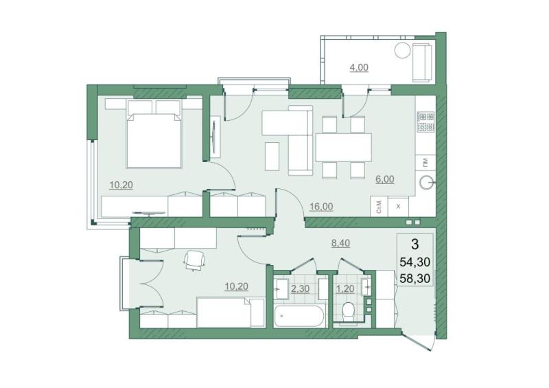 3-комнатная квартира, 54.3 м2
