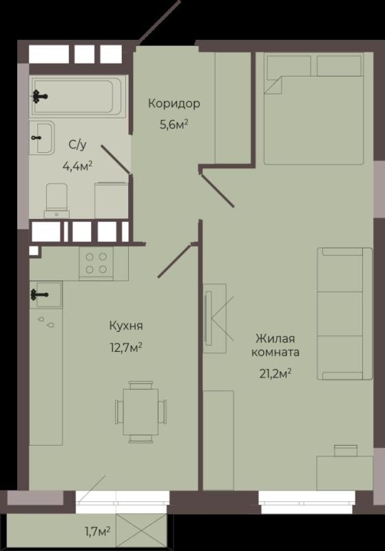 1-комнатная квартира, 44.4 м2