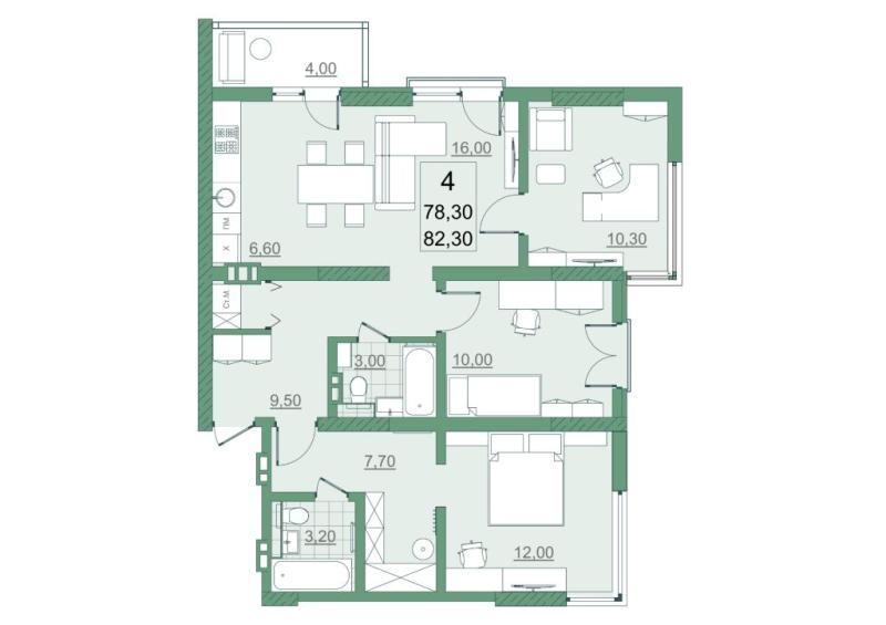 4-комнатная квартира, 78.3 м2