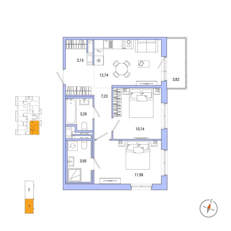 2-комнатная квартира, 52.6 м2