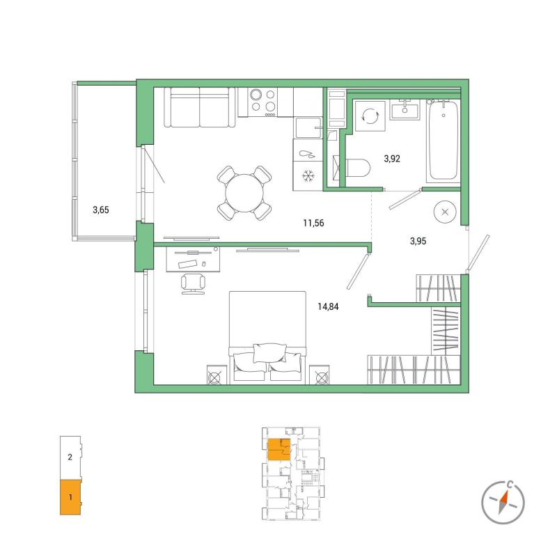 1-комнатная квартира, 35.37 м2