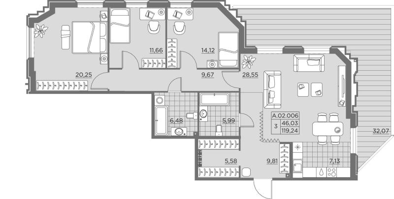 3-комнатная квартира, 129.4 м2