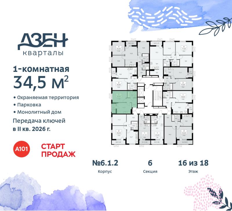 1-комнатная квартира, 34.5 м2