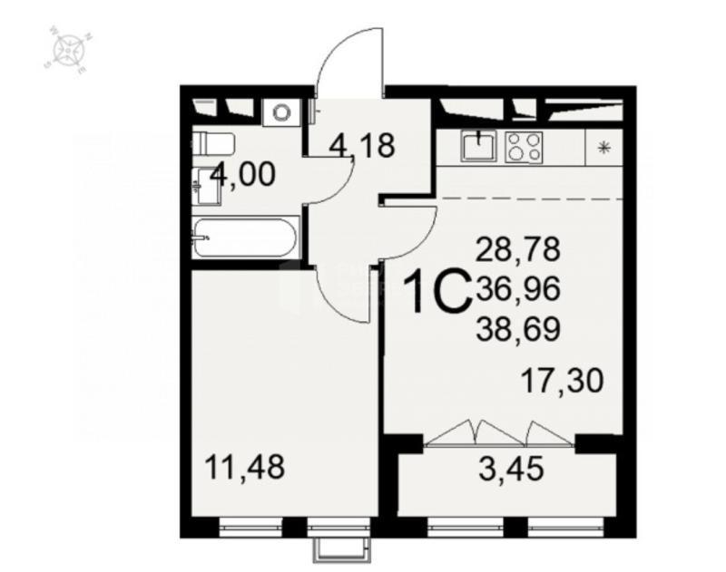 1-комнатная квартира, 38 м2