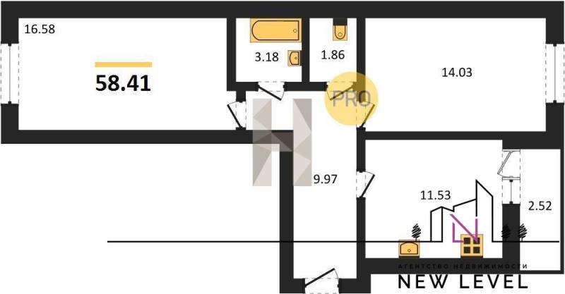 2-комнатная квартира, 58.41 м2