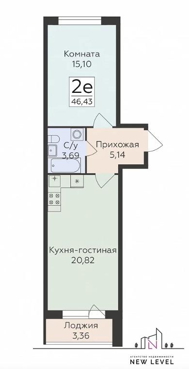 2-комнатная квартира, 46.43 м2