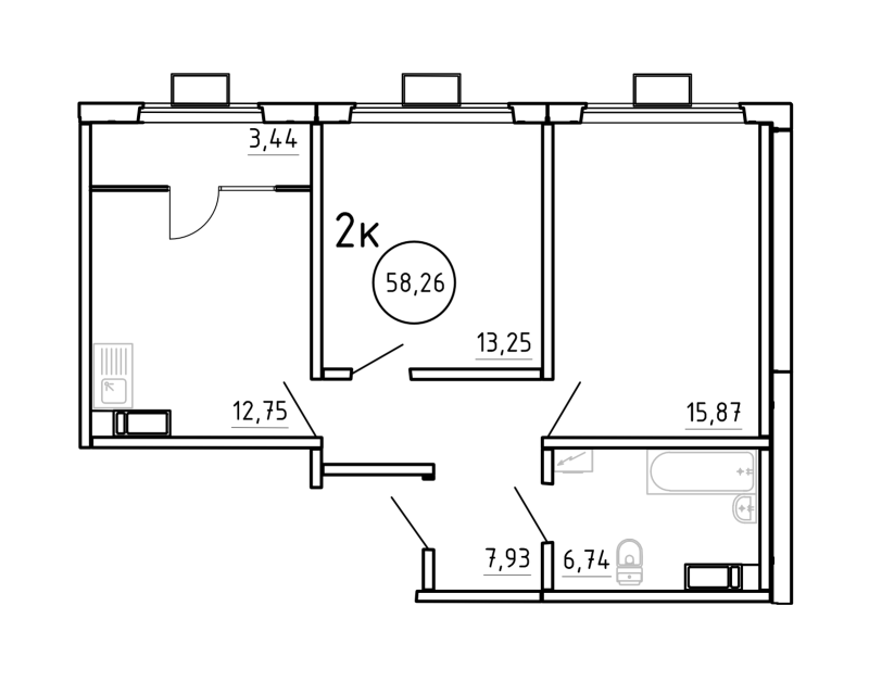 2-комн. квартира, 58.26 м², 7/17 этаж
