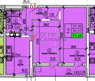 2-комн. квартира, 53.44 м², 15/25 этаж
