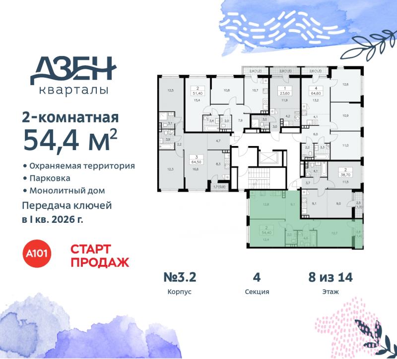 2-комнатная квартира, 54.4 м2