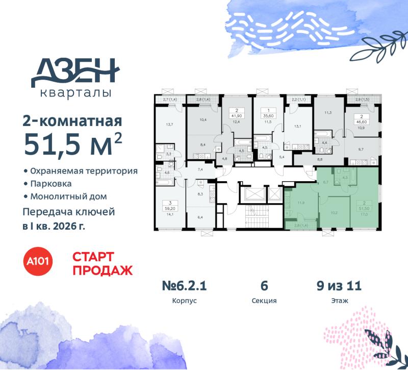 2-комнатная квартира, 51.5 м2