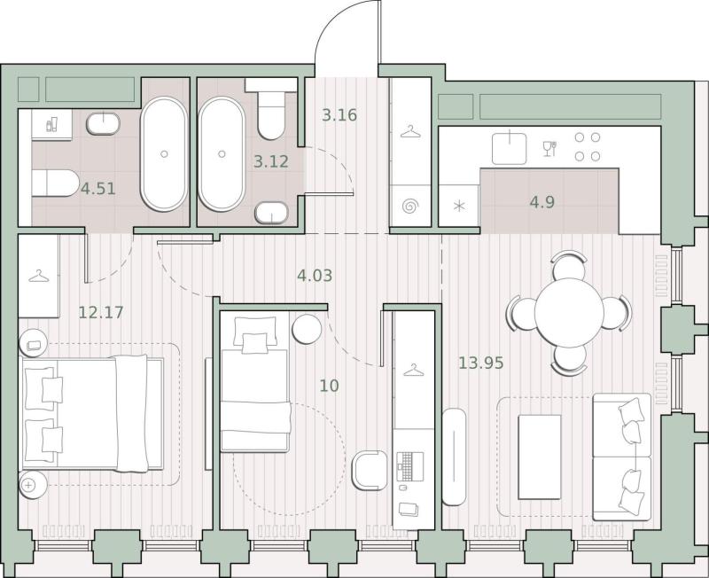 2-комнатная квартира, 55.84 м2