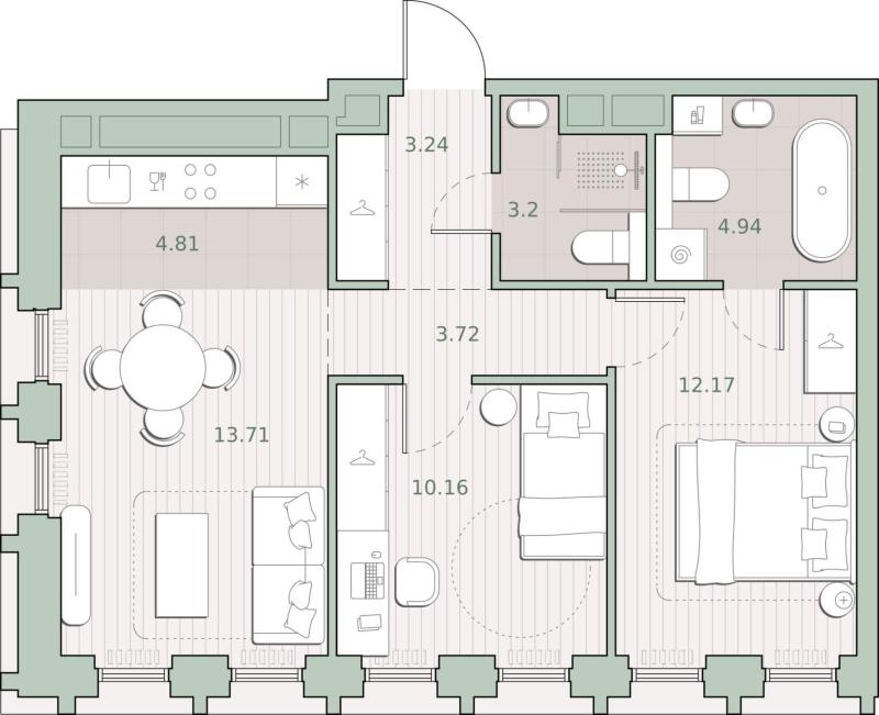 2-комнатная квартира, 55.95 м2