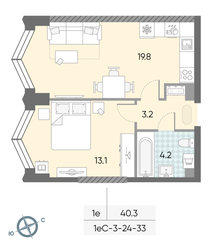 1-комнатная квартира, 40.3 м2