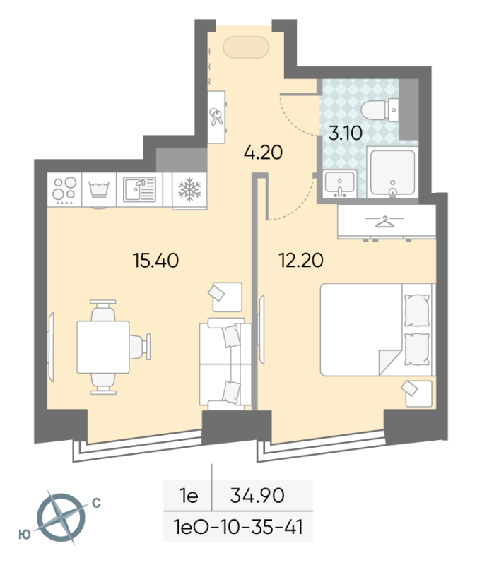 1-комнатная квартира, 34.9 м2