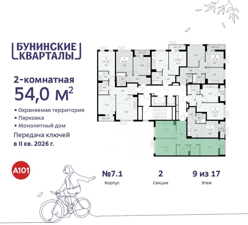 2-комнатная квартира, 54 м2