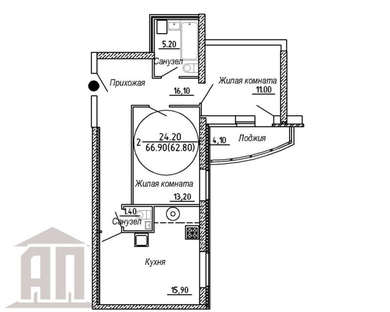 2-комн. квартира, 66.9 м², 9/12 этаж
