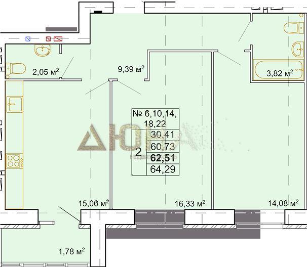 2-комн. квартира, 62.51 м², 3/7 этаж