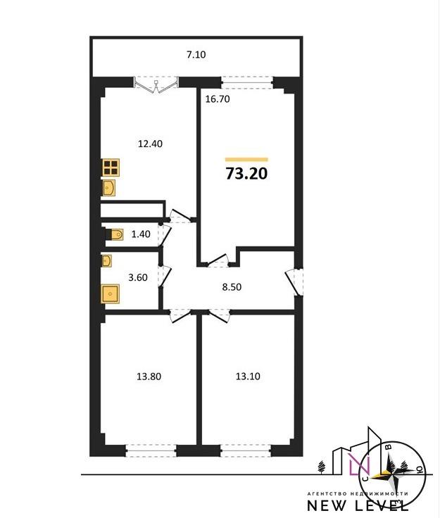 3-комн. квартира, 73.2 м², 13/15 этаж