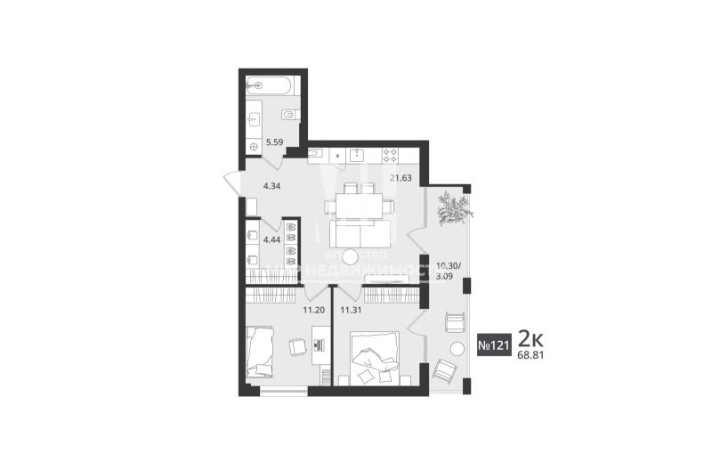 2-комн. квартира, 68.81 м², 6/7 этаж
