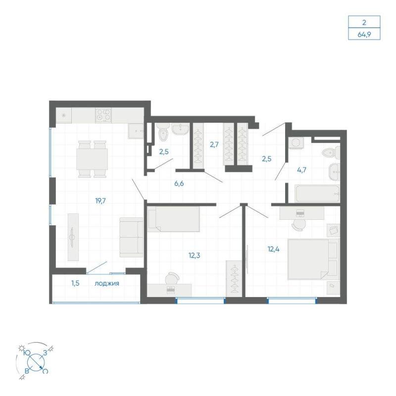 2-комн. квартира, 64.9 м², 8/32 этаж