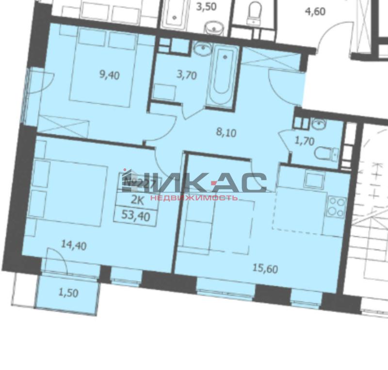 2-комн. квартира, 53.4 м², 7/11 этаж