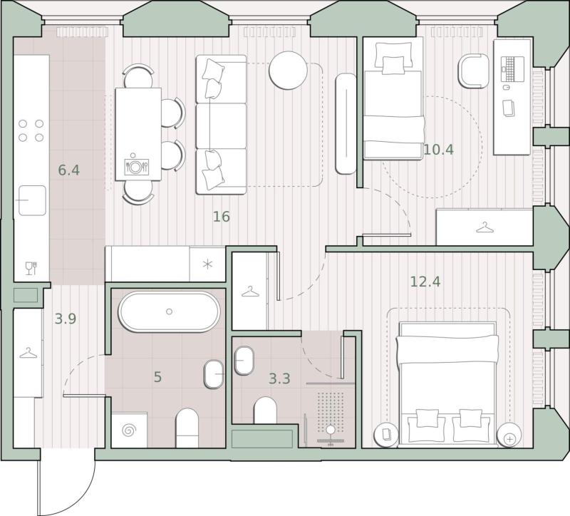 2-комн. квартира, 57.4 м², 3/13 этаж