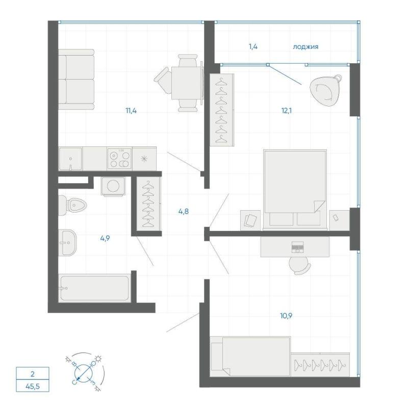 2-комн. квартира, 45.5 м², 3/32 этаж