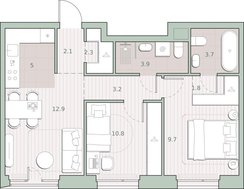 2-комн. квартира, 55.4 м², 8/27 этаж