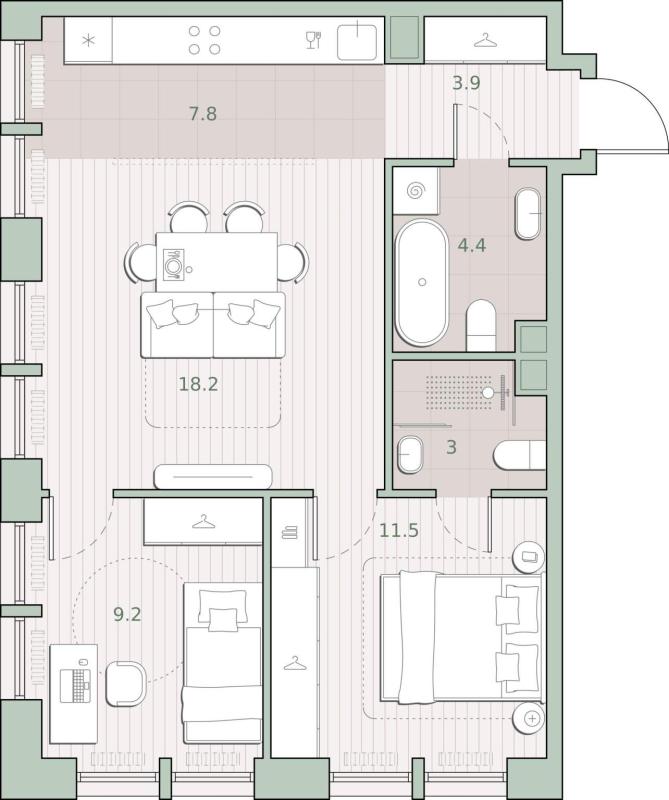2-комн. квартира, 58 м², 12/13 этаж