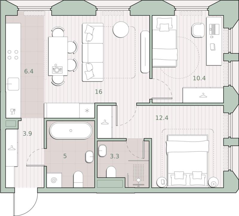 2-комн. квартира, 57.4 м², 9/13 этаж