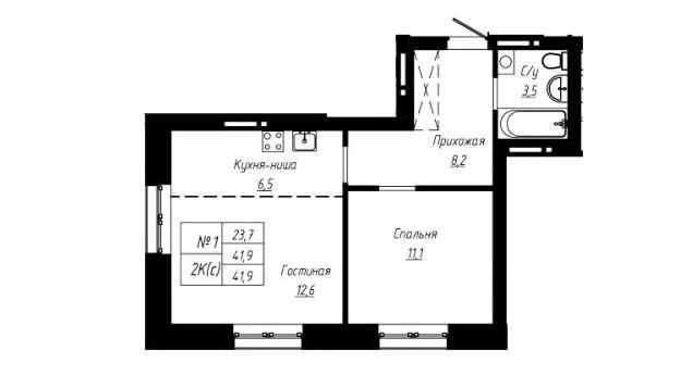2-комн. квартира, 42 м², 1/16 этаж