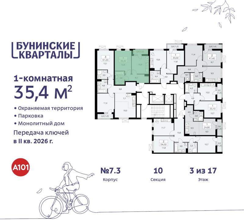 1-комн. квартира, 35.4 м², 3/17 этаж