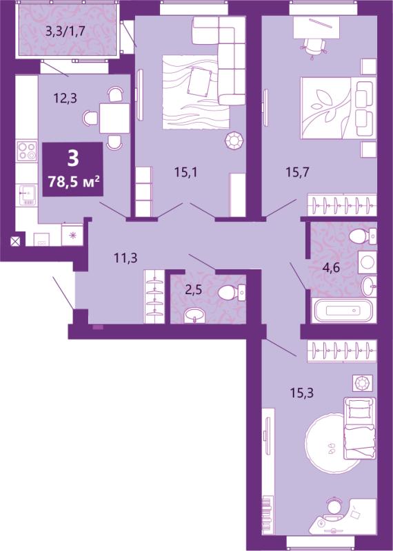 3-комн. квартира, 79 м², 2/4 этаж