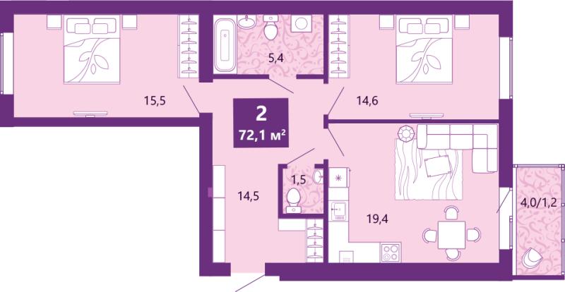 2-комн. квартира, 72 м², 4/4 этаж