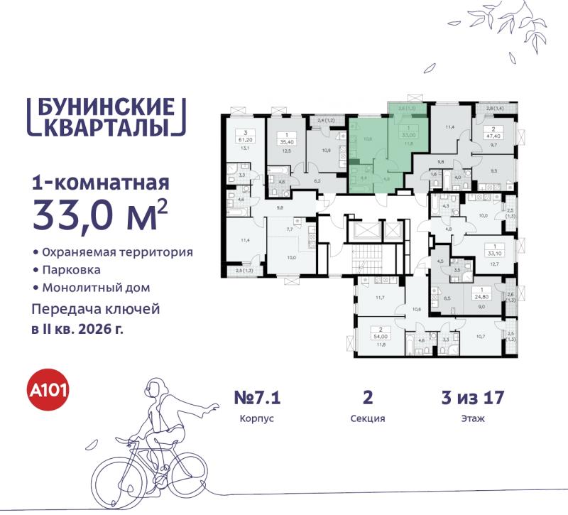1-комн. квартира, 33 м², 3/17 этаж